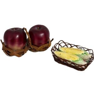 Lot of 2 Ceramic Vintage Salt Pepper Shakers - Enesco Apples - Corn in Baskets